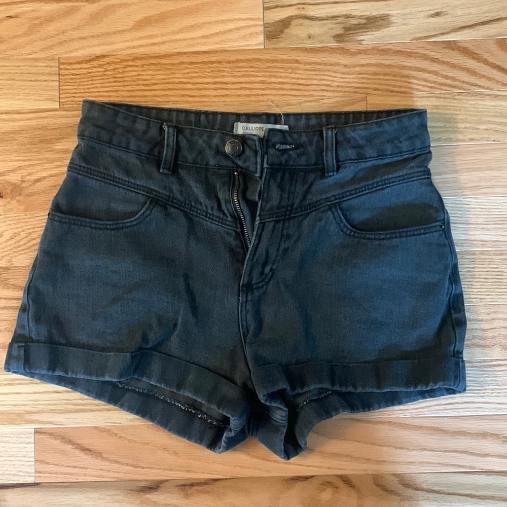 Black cuffed bottom, high rise, black denim shorts